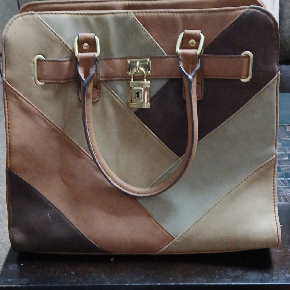 Brown and Tan Laptop Bag with Structured Design and Wide Strap